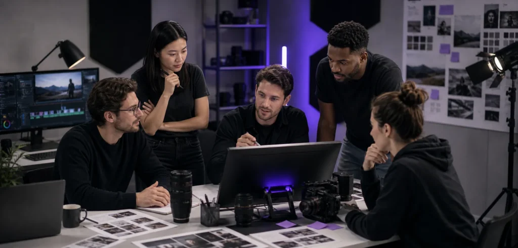 The Ridge & Motion Media creative team collaborating in the studio