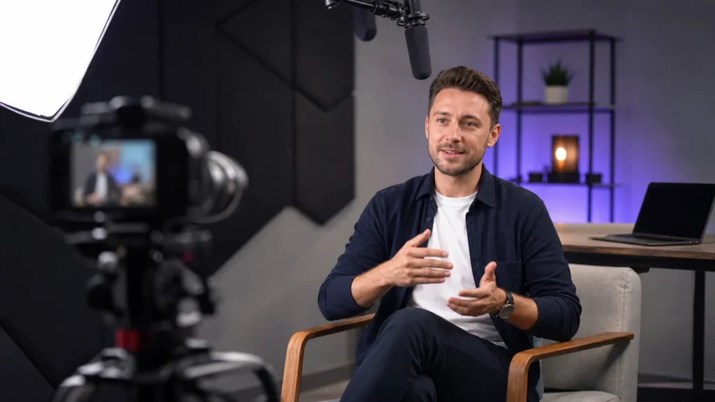 Creator recording a talking head video in a small studio
